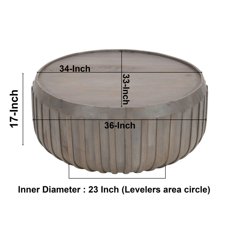 Alisha 36 Inch Coffee Table, Handcrafted Drum Shape with Ribbed Edges, Gray Mango Wood image number 4