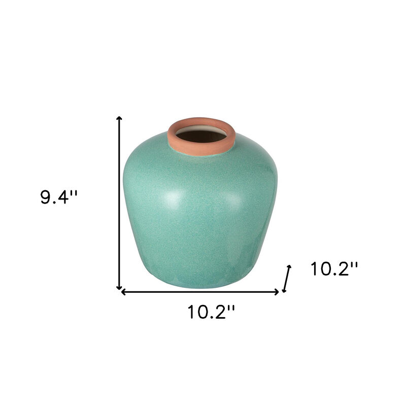 HomeRoots 9" Natural And Teal Blue Ceramic Round Table Vase image number 5