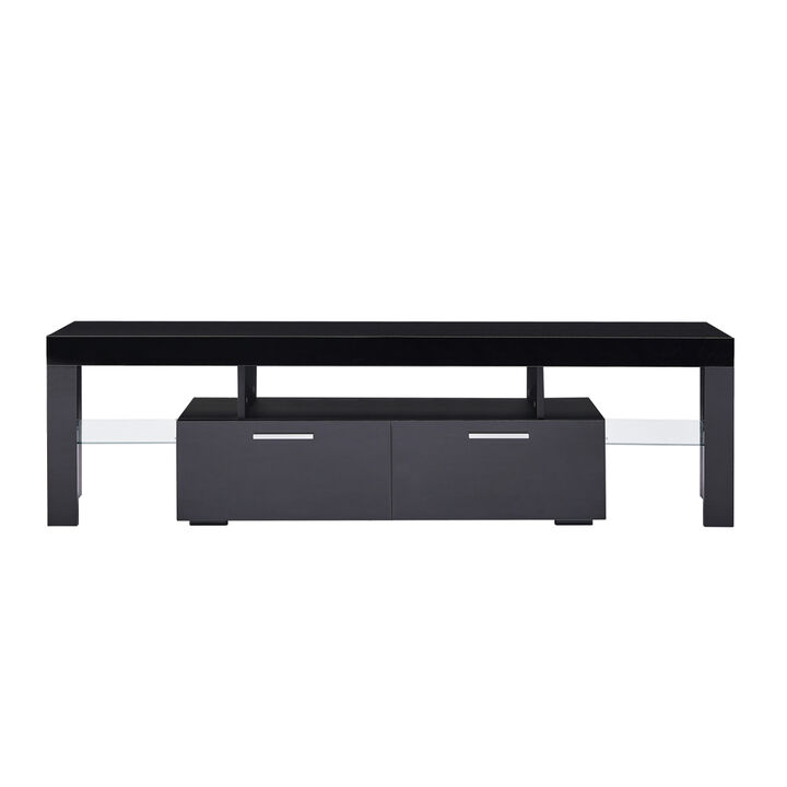 Black Modern TV Stand with LED Lights, high glossy front TV Cabinet, can be assembled in Lounge Room, Living Room or Bedroom, color:black