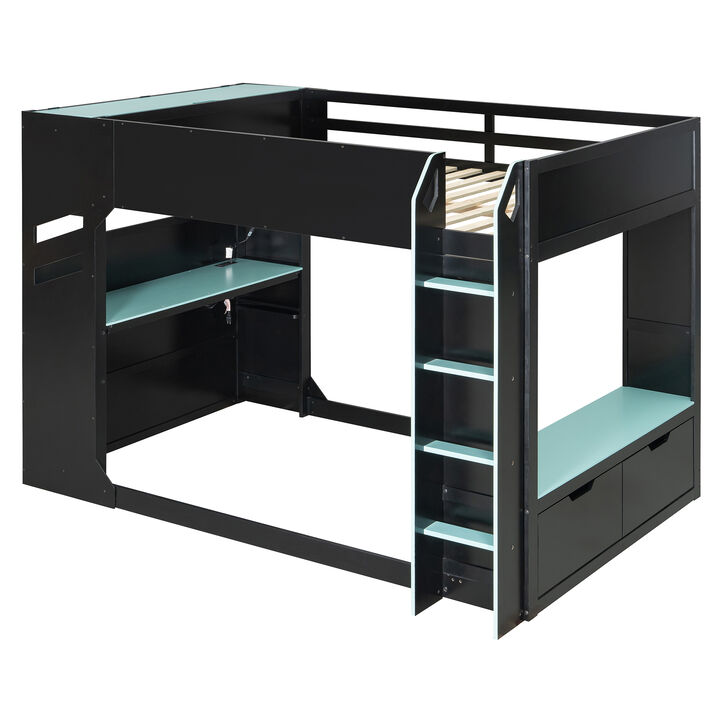 Merax Full Size Wood Loft Bed with Adjustable Desk, RGB Light, Storage Cabinet