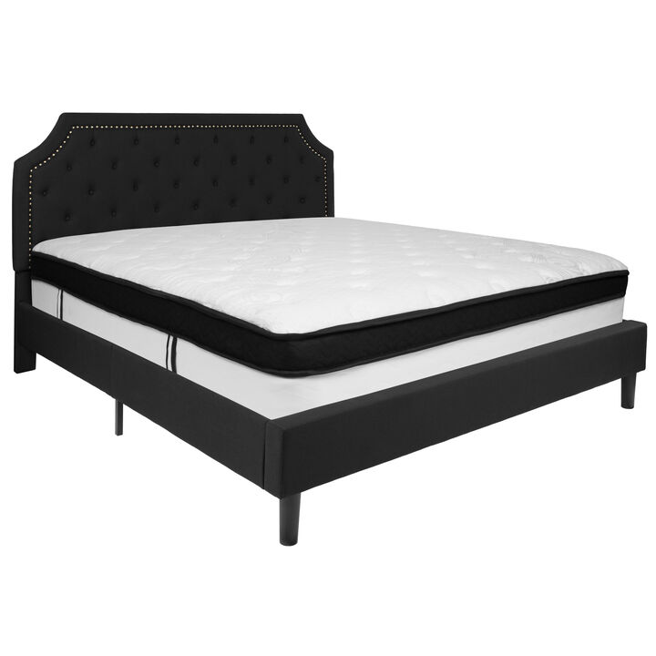 Brighton King Size Tufted Upholstered Platform Bed in Black Fabric with Memory Foam Mattress