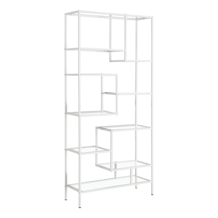 Monarch Specialties I 7159 Bookshelf, Bookcase, Etagere, 72"H, Office, Bedroom, Metal, Tempered Glass, White, Clear, Contemporary, Modern