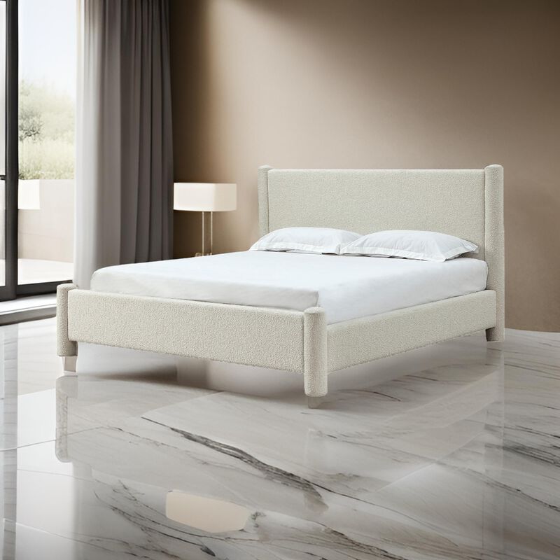 Kizo King Size Platform Bed, Cream Boucle Fabric, Panel Headboard, Slats - Benzara