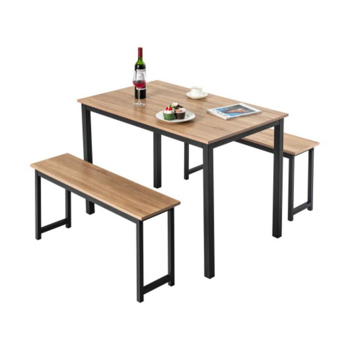3 Pieces Dining Table Set with 2 Benches for Dining Room Kitchen Bar