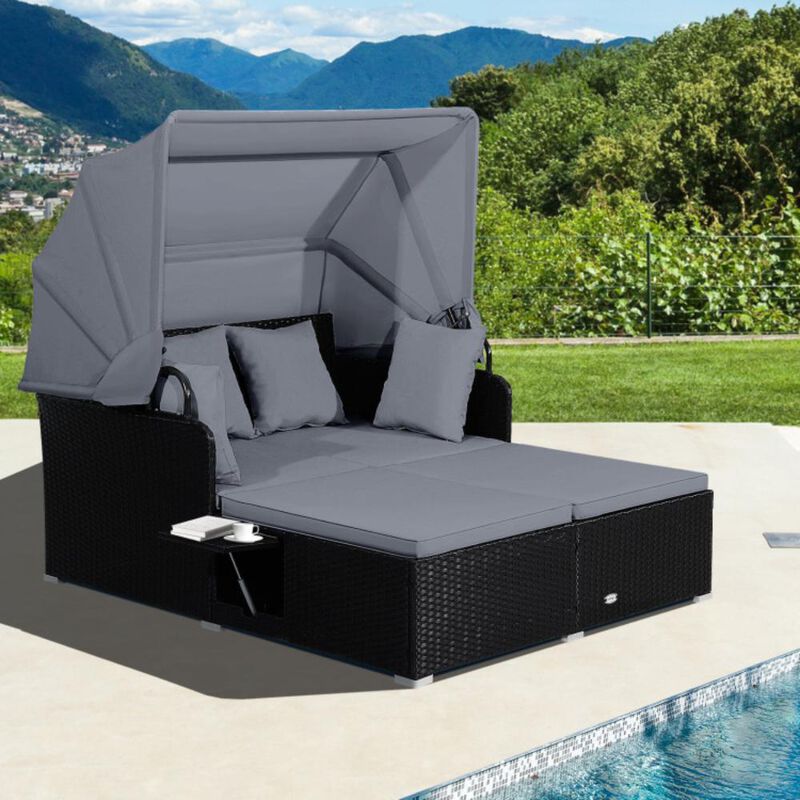 Patio Rattan Daybed with Retractable Canopy and Side Tables image number 1