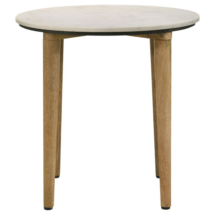 Wolu 22 Inch Side End Table, White Marble Round Top, Natural Brown Wood  - Benzara