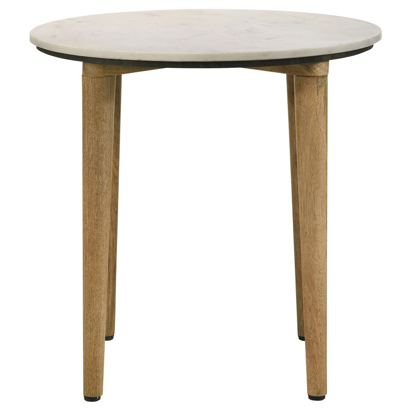 Wolu 22 Inch Side End Table, White Marble Round Top, Natural Brown Wood image number 1