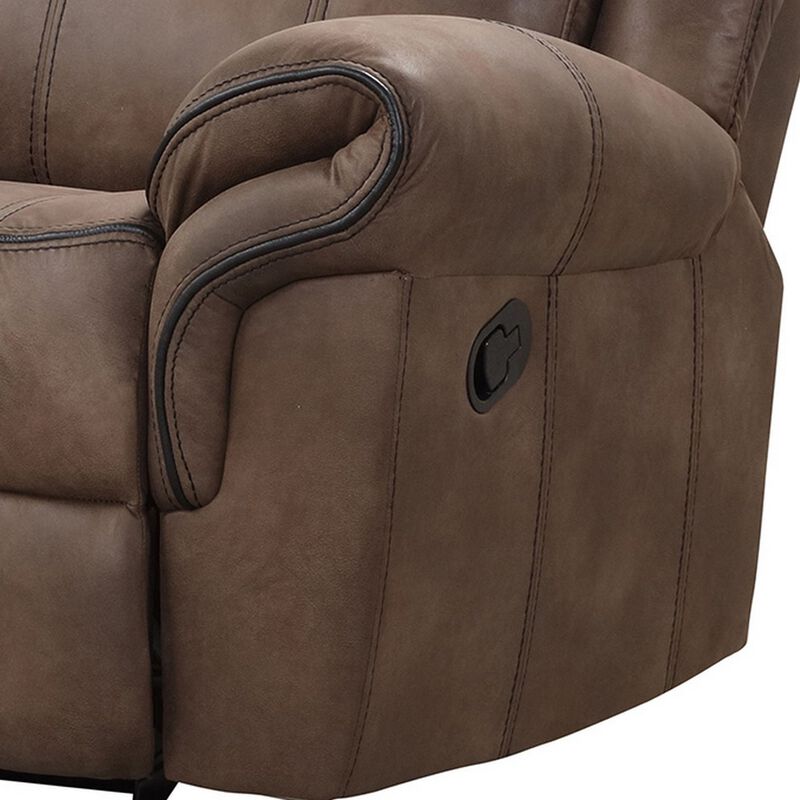 Arisa Manual Glider Recliner Chair, Brown Faux Leather, Pillow Arms - Benzara