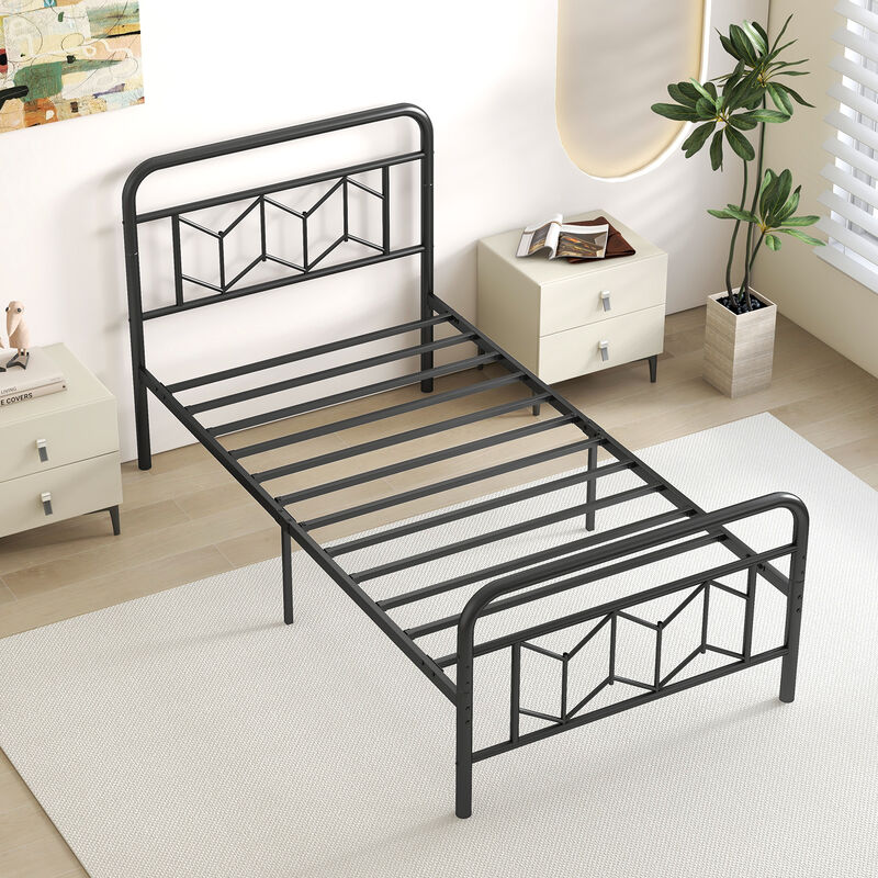Sturdy Bed Frame with High Headboard and Quick Snap Lock Metal Slats