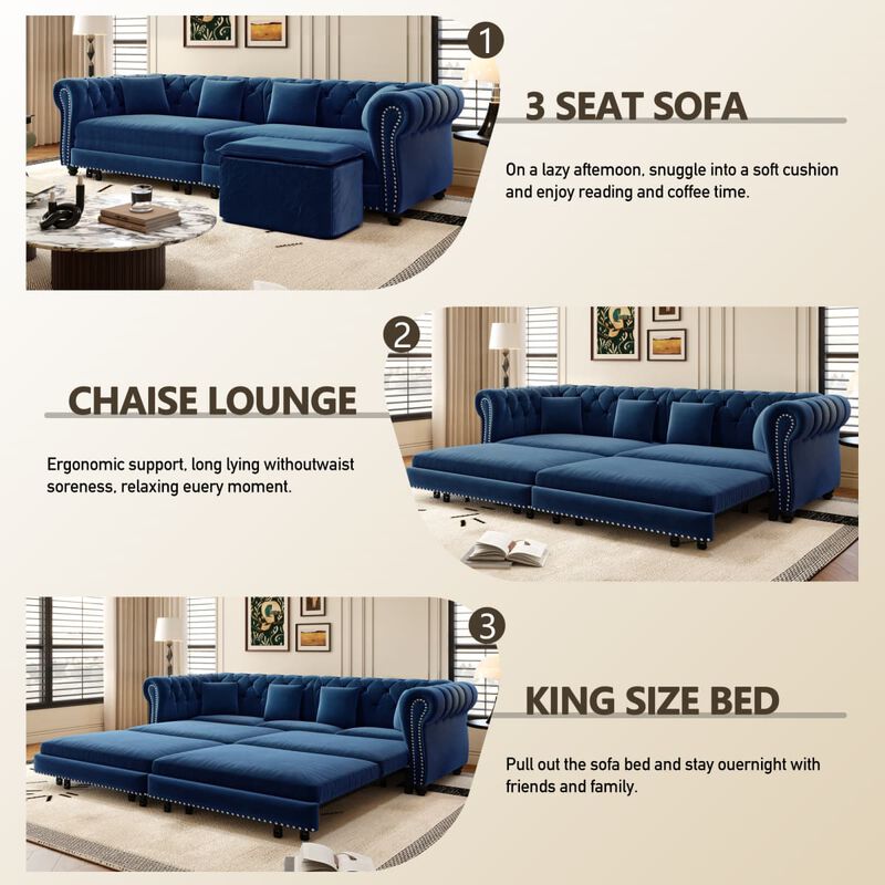 3-in-1 Pull-Out Sleeper Sofa, Velvet Chesterfield Sofa with Rolled Arms and Tufting, 89 Inch Convertible Sofa Bed with Ottoman image number 6