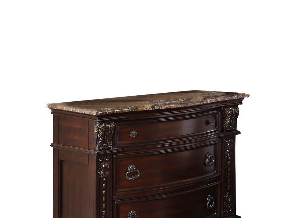 European Style Nightstand with 3 Drawers and Marble Top, Dark Cherry Brown - Benzara