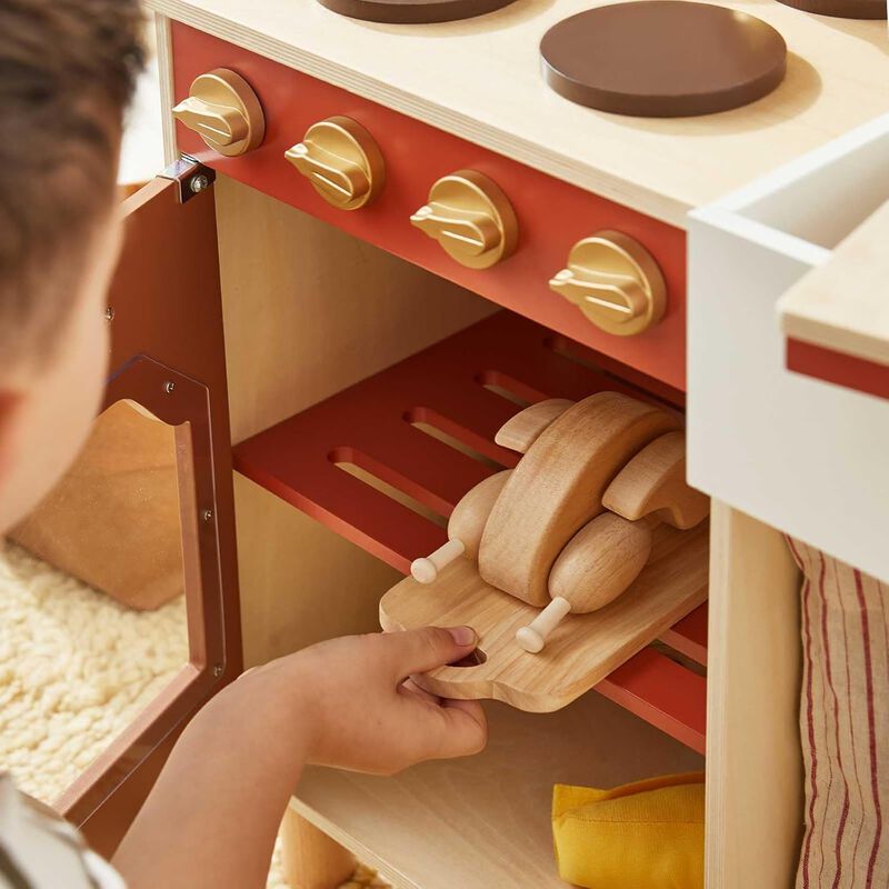 Mediterranean Play Kitchen for Toddlers - Wooden Kids Kitchen Playset with Cutting Food & Cookware, Oven, Stove, Sink, Built-In Storage image number 8