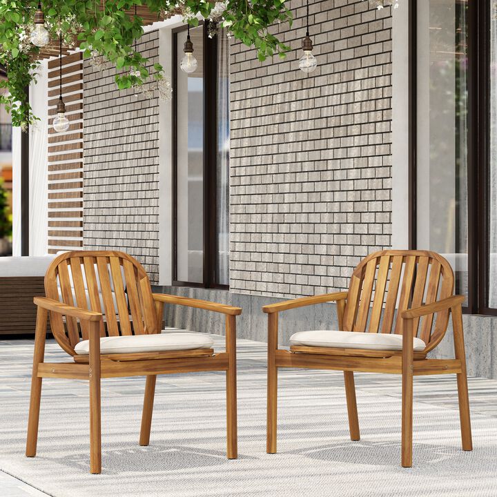 2 Pieces Outdoor Teak Wood Dining Chairs, Classic Slatted Back Armchairs with Removable Cushions