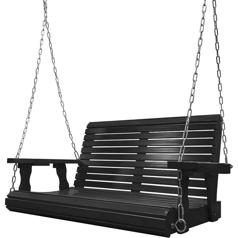 Wooden Porch Swing 2-Seater, Bench Swing with Cupholders, Hanging Chains and 7mm Springs, Heavy Duty 800 LBS, for Outdoor Patio Garden Yard, 4 ft, Black image number 1