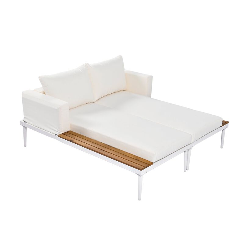 2-in-1 Outdoor Sofa Daybed for Poolside/Balcony, Wood-Topped Side Spaces & Padded Lounges