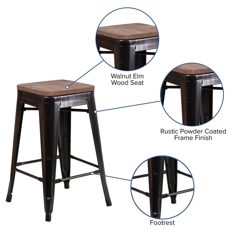 Flash Furniture Lily 24" High Backless Black-Antique Gold Metal Counter Height Stool with Square Wood Seat image number 2
