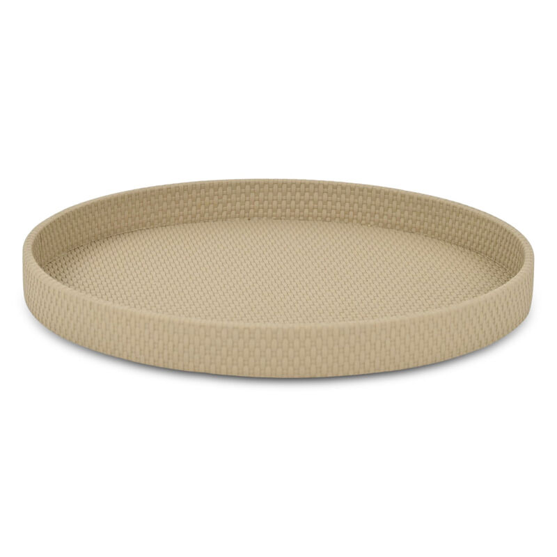HomeRoots 15" Taupe Faux Wicker Round Serving Tray image number 0