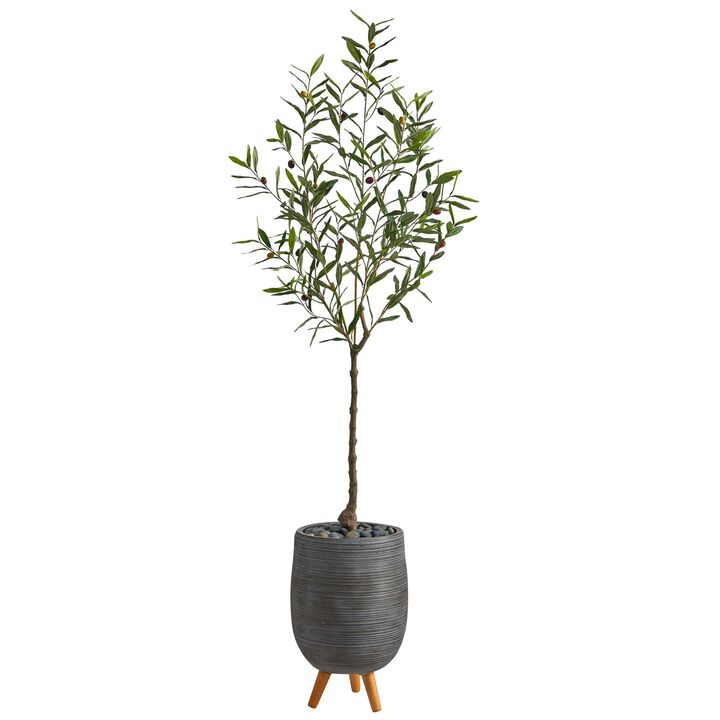 Nearly Natural 70-in Olive Artificial Tree in Gray Planter with Stand
