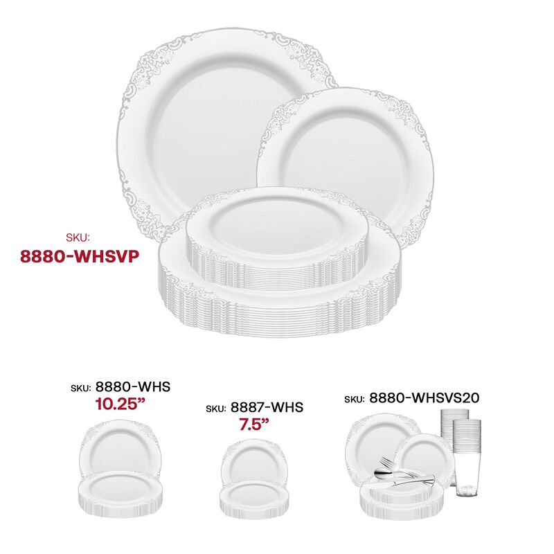 White with Silver Fancy Round Plastic Dinnerware Value Set (120 Sets) image number 6