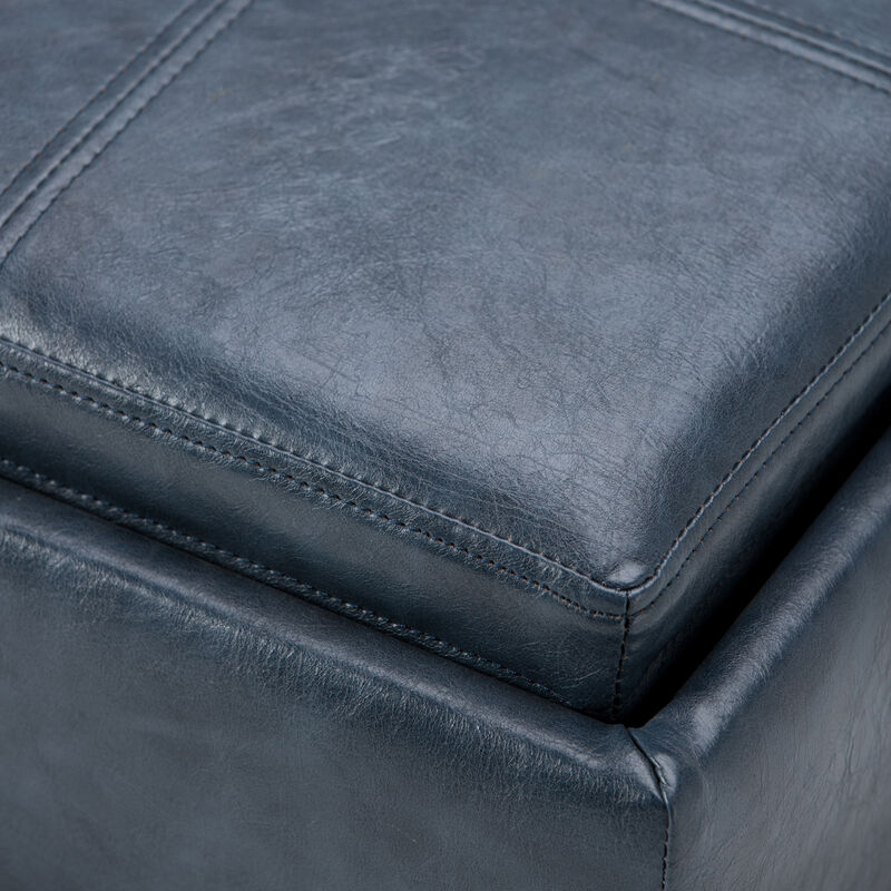 Rockwood 17 inch Wide Contemporary Square Cube Storage Ottoman with Tray in Denim Blue Vegan Faux Leather, Assembled
