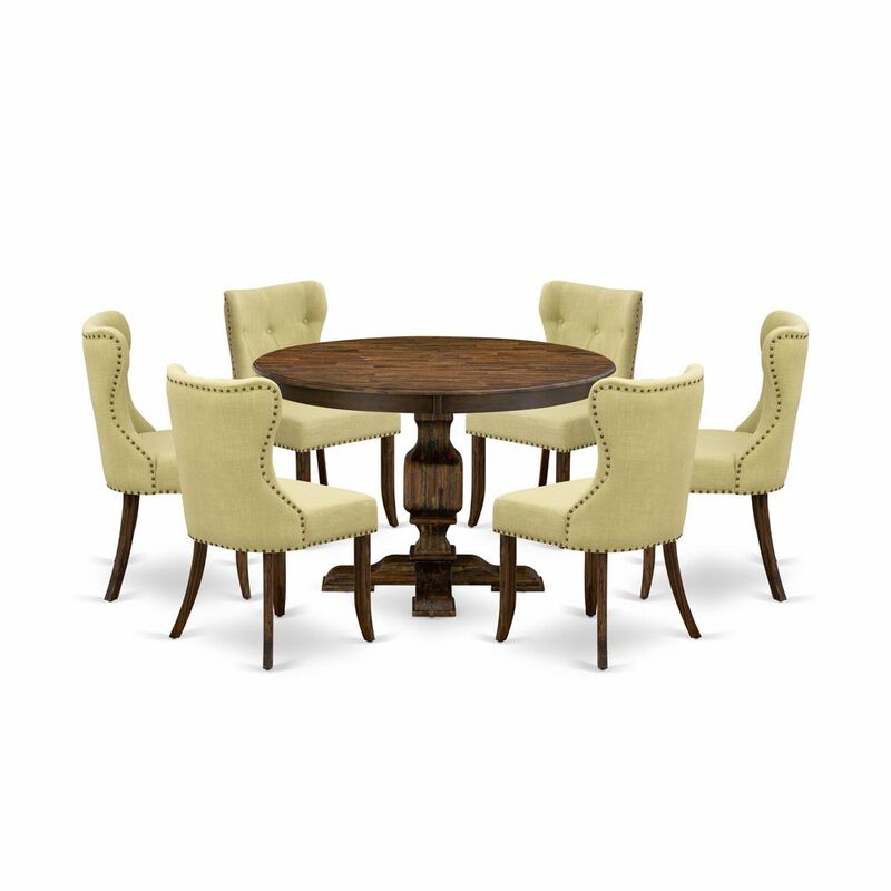 East West Furniture 7-Pc Dining Room Table Set - Modern Pedestal Dining Table and 6 Limelight Color Parson Wood Chairs with Button Tufted Back - Distressed Jacobean Finish