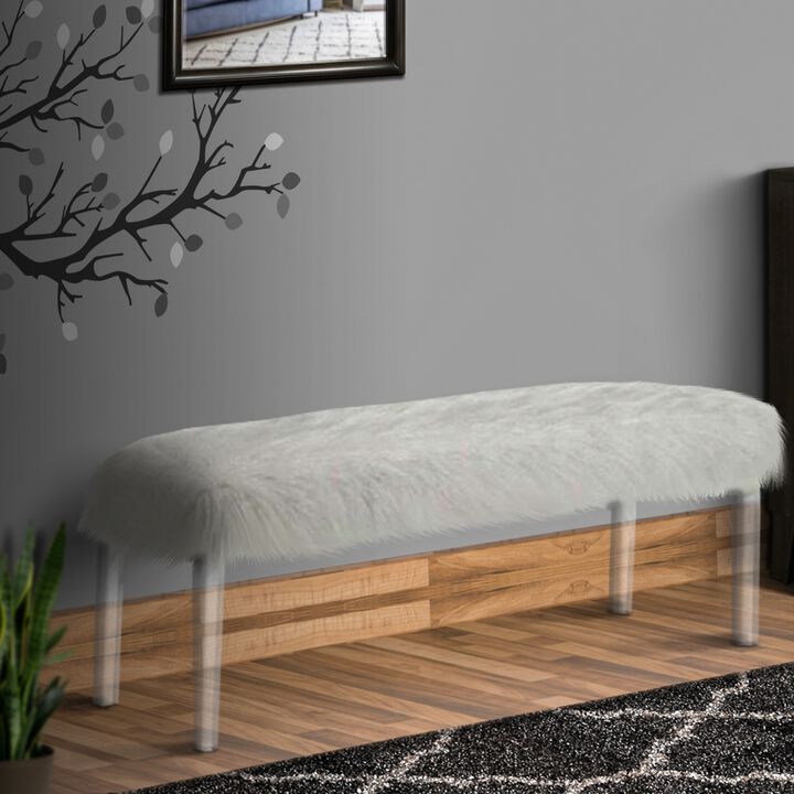 Contemporary Bench with Faux Fur Seat and Acrylic Legs, White and Clear-Benzara