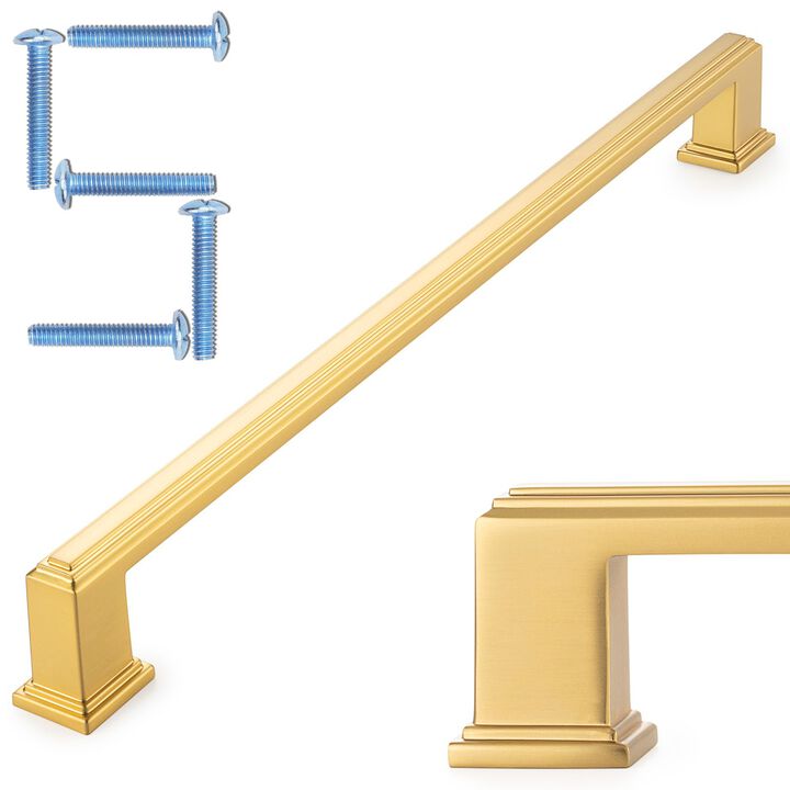 KOOFIZO Stepped Bar Cabinet Pull - Brushed Gold Furniture Handle, 10 Inch/256mm Screw Spacing, 5-Pack for Kitchen Cupboard Door,