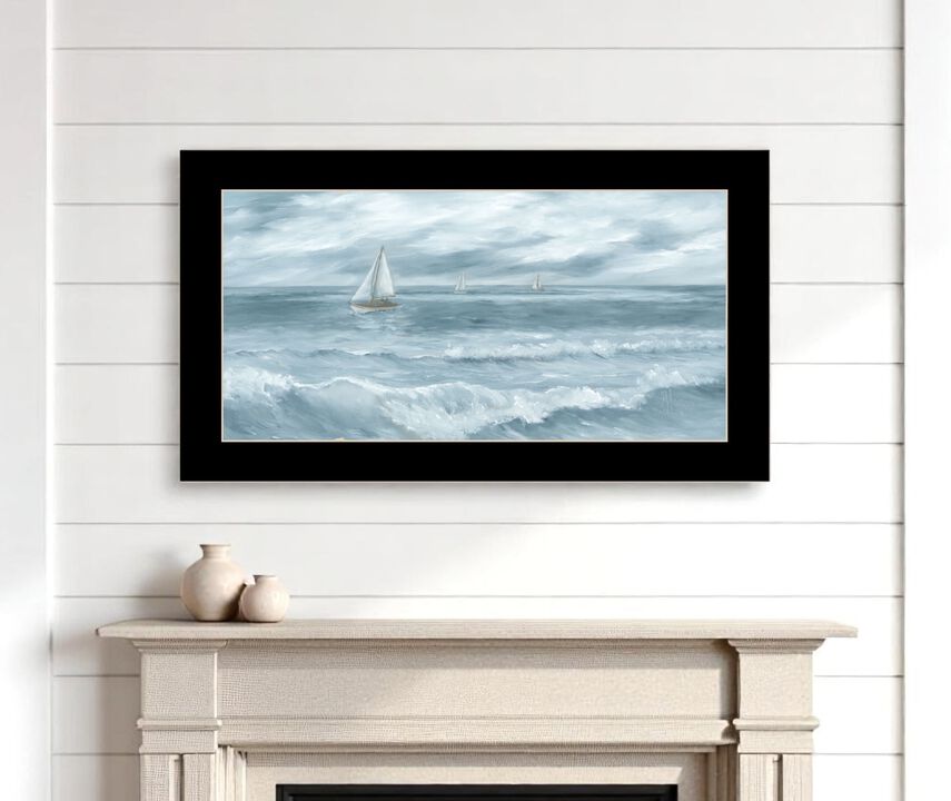 HomeRoots Three Sailboats Ocean Scene Black Framed Wall Art