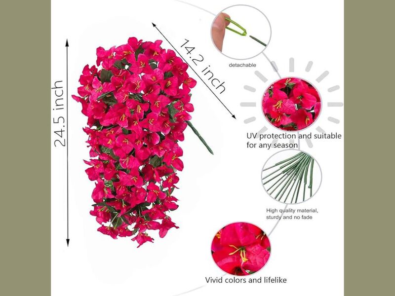4 Piece Rose Red Artificial Hanging Bougainvillea Flowers UV Resistant Outdoor image number 2