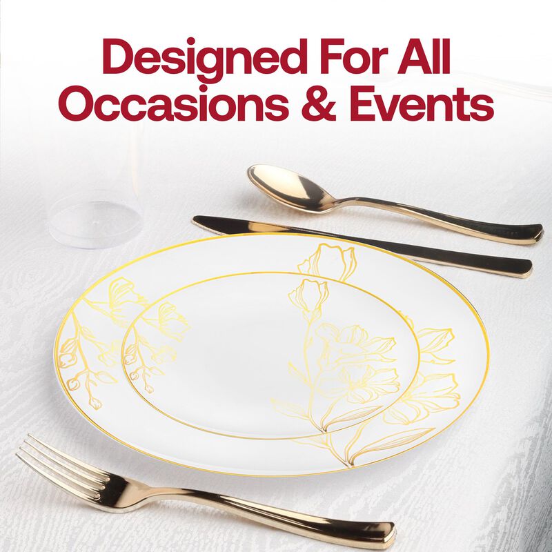 White with Gold Antique Floral Round Plastic Dinnerware Value Set (40 Sets) image number 7