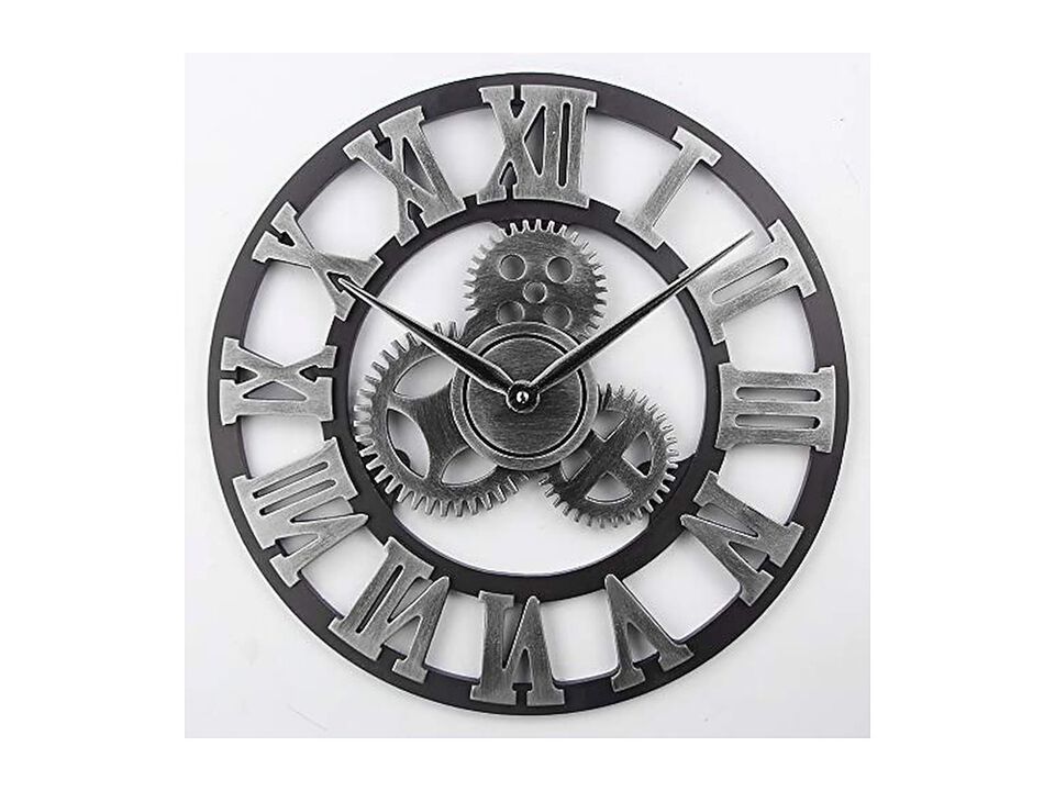 Retro Wooden Gear Rustic Vintage Silver Wall Clock 18 Inch Silent Non Ticking