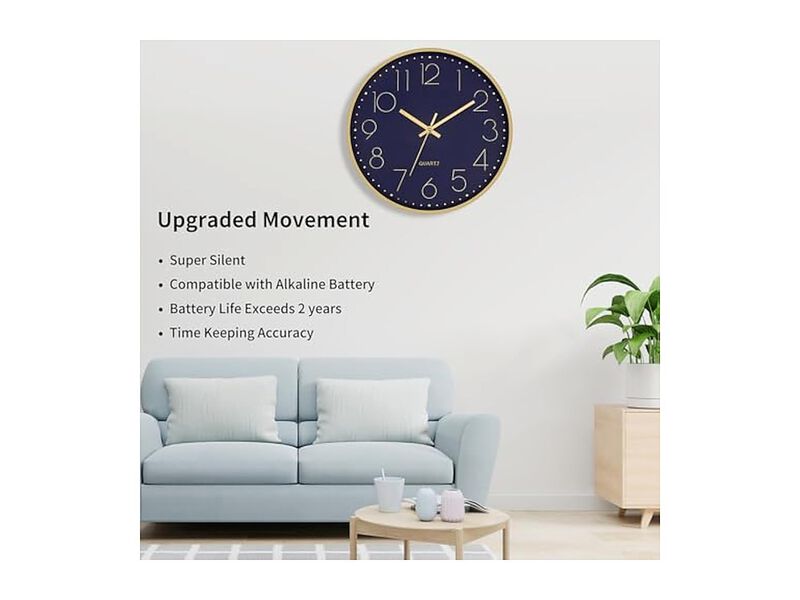 Gold Dark Blue Wall Clock 12 Inch Silent Non Ticking Modern Battery Operated image number 2