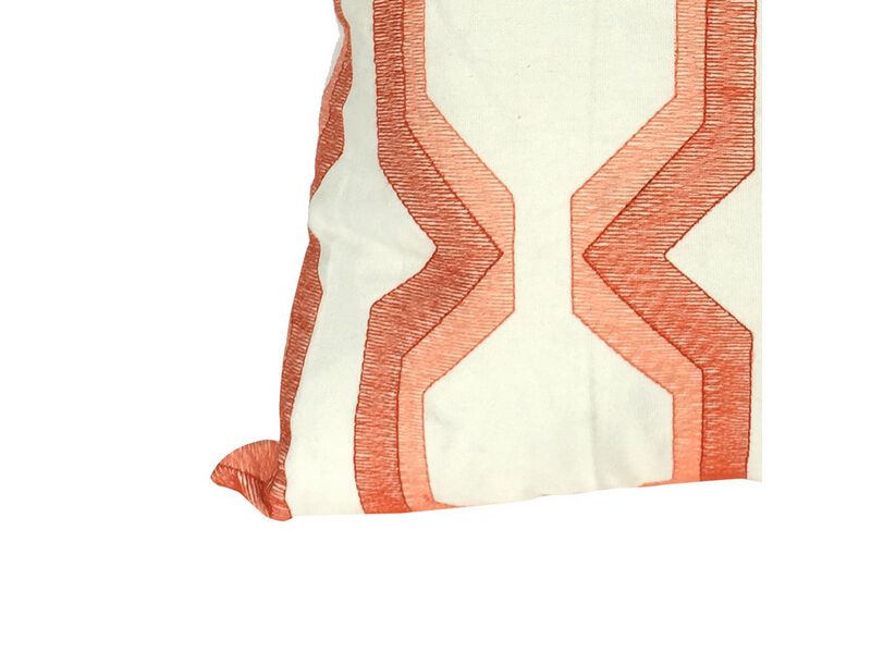 Contemporary Cotton Pillow with Geometric Embroidery, Red and White - Benzara