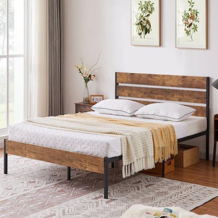 Hivvago Full Industrial Platform Bed Frame with Brown Wood Slatted Headboard Footboard