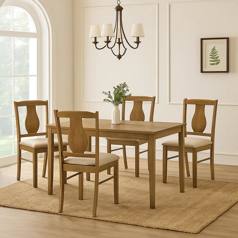 5 Piece Dining Table Set with 4 Chairs, Rubberwood, Weathered Oak