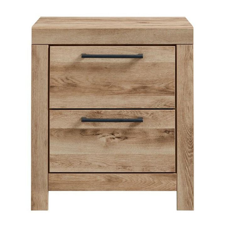 Amy 24 Inch Modern Wood Nightstand, 2 Drawers, 2 USB Ports, Natural Brown-Benzara