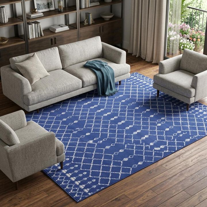 HomeRoots 6' X 9' Ivory And Blue Geometric Area Rug