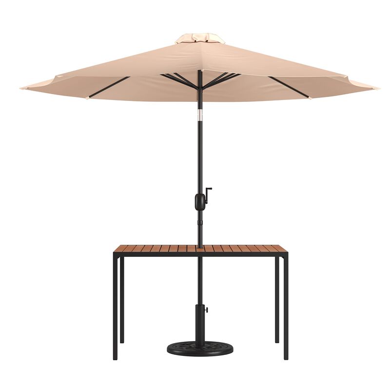 Flash Furniture Lark 3 Piece Outdoor Patio Table Set - Natural Faux Teak Dining Table - 30" x 48" Synthetic Teak Patio Table with Tan Umbrella and Base