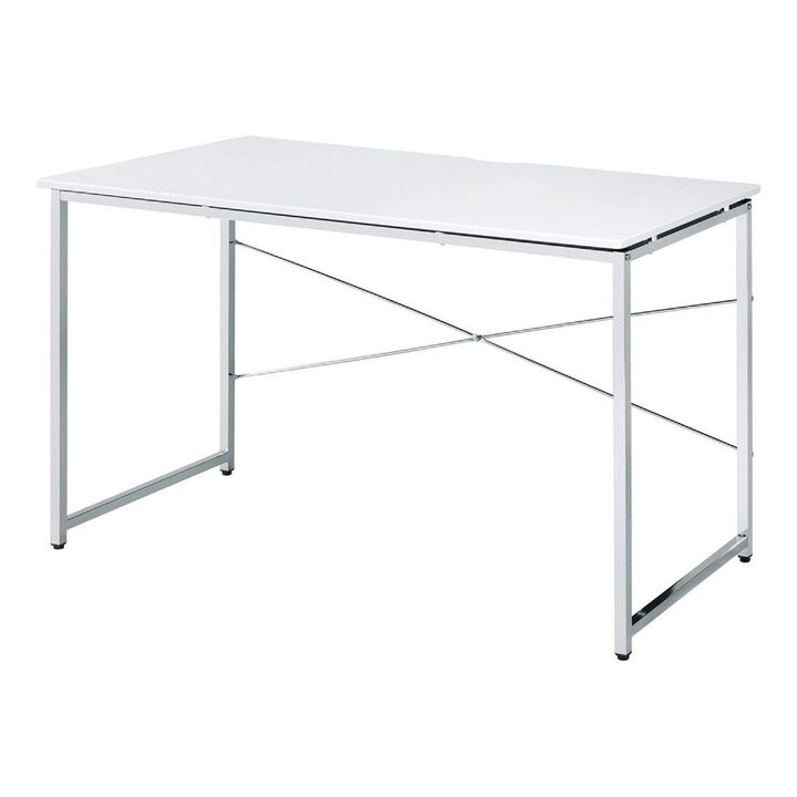 Mayo 47 Inch Rectangular Desk Console Table, Crossed Bars, White, Chrome-Benzara