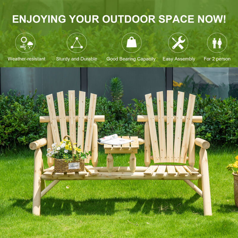 Outsunny 2-Seat Wooden Adirondack Chair, Patio Bench with Table, Outdoor Loveseat Fire Pit Chair for Porch, Backyard, Deck, Natural