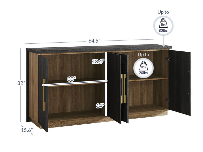 BELLEZE Buffet Cabinet With Storage, 65" Sideboard Cabinet with Storage and Decorative Doors, Modern Buffet table Console Table for Dinning Room, Kitchen & Living Room (Espresso Black)