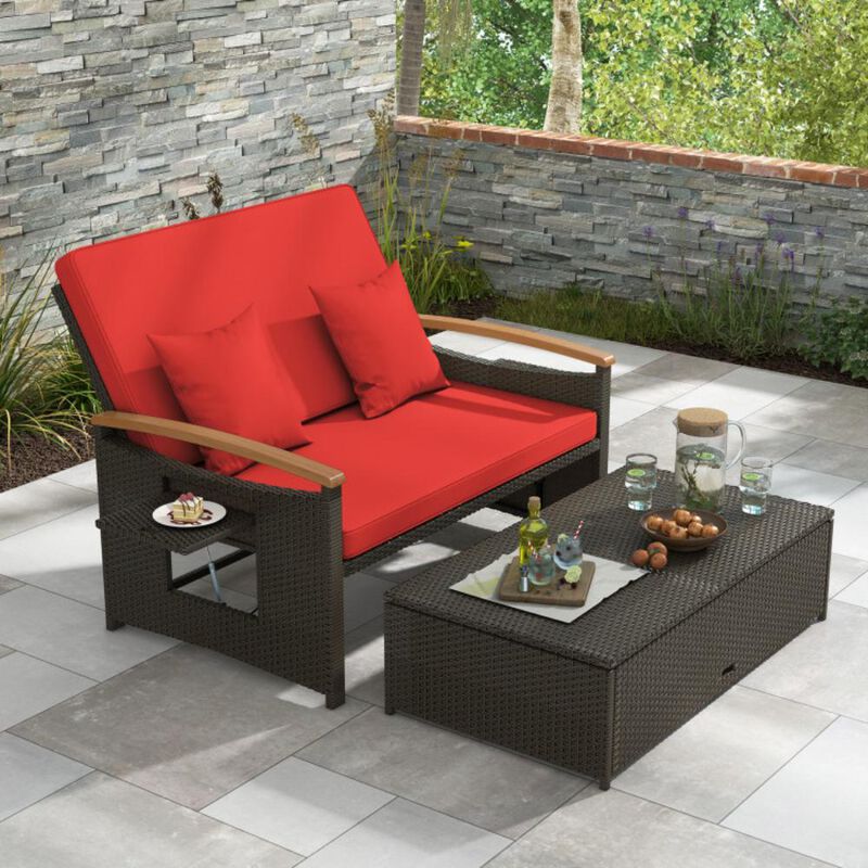 Hivvago Outdoor Wicker Daybed with Folding Panels and Storage Ottoman