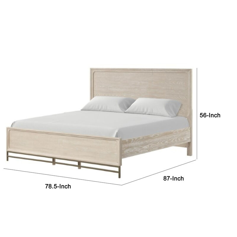 Rozie King Bed with Panel Style Headboard, Metal Legs, Light Oak Wood - Benzara