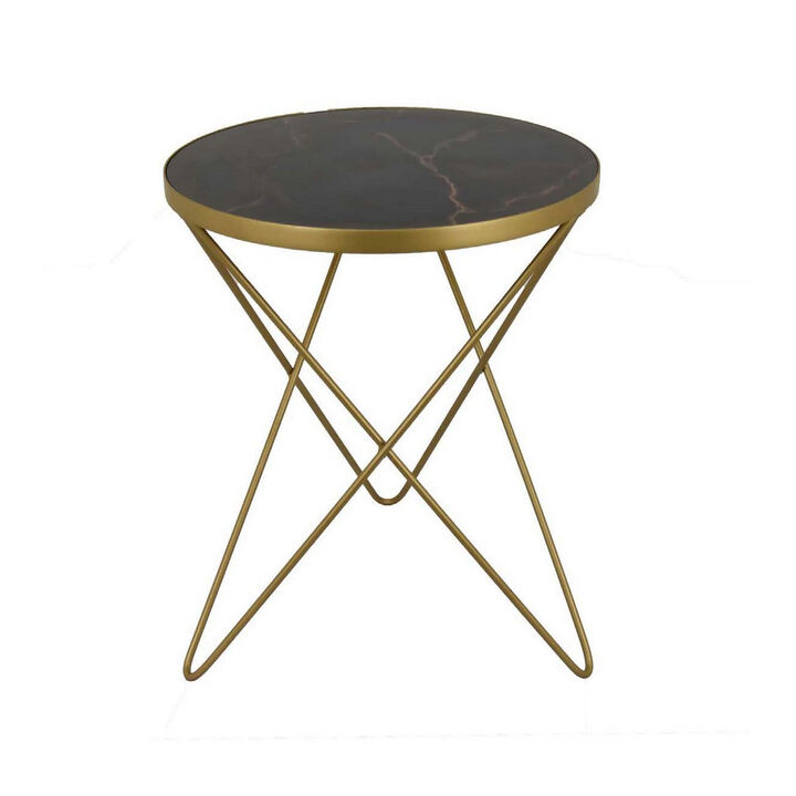 20 Inch Plant Stand Table, Round Top, Open Metal Frame, Black and Gold - Benzara