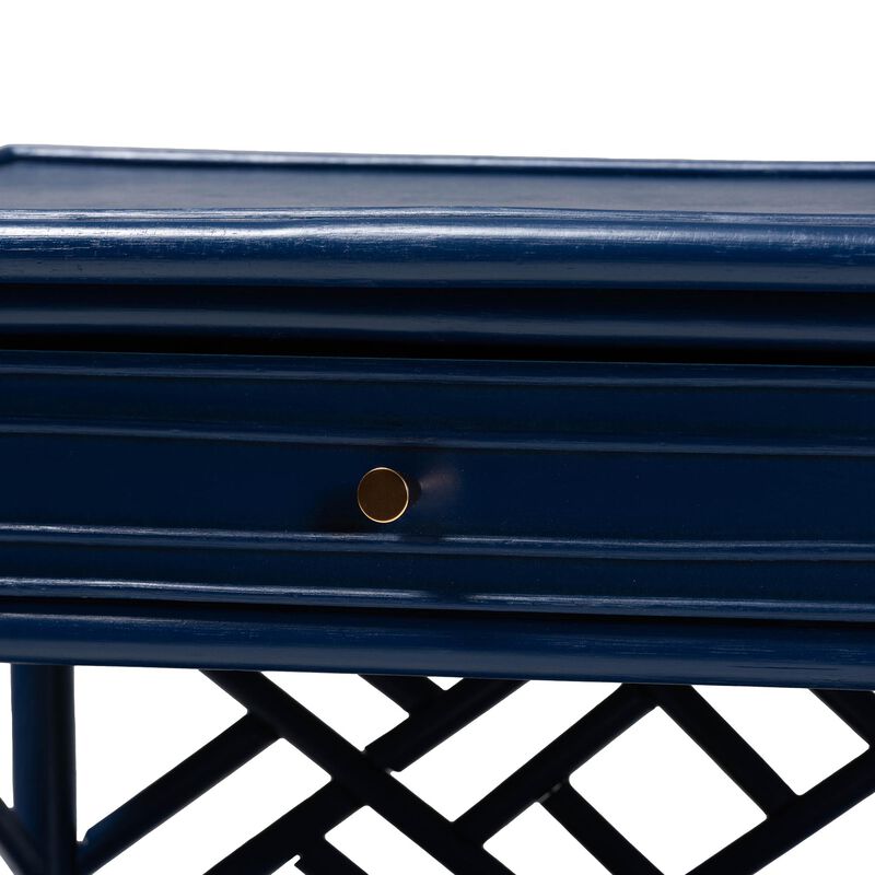 bali & pari Tiaret Natural Rattan Nightstand with Drawer and Shelves – Chippendale-Style Bedside Table for Bedroom or Coastal Living Spaces, Blue