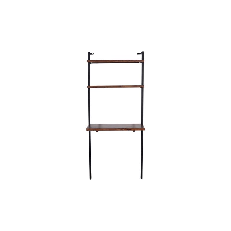 Industrial 3 Tier Mango Wood Ladder Storage Wall Shelf with Tubular Frame, Brown and Black - Benzara