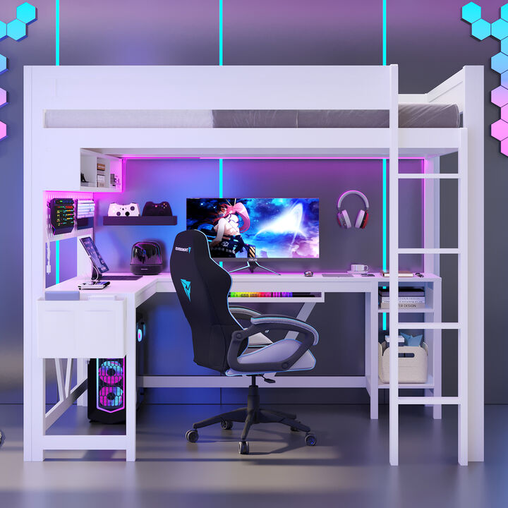 Whisen Full Size Gaming Loft Bed with Desk, USB Charging, LED Light, Wood & MDF for Kids Bedroom