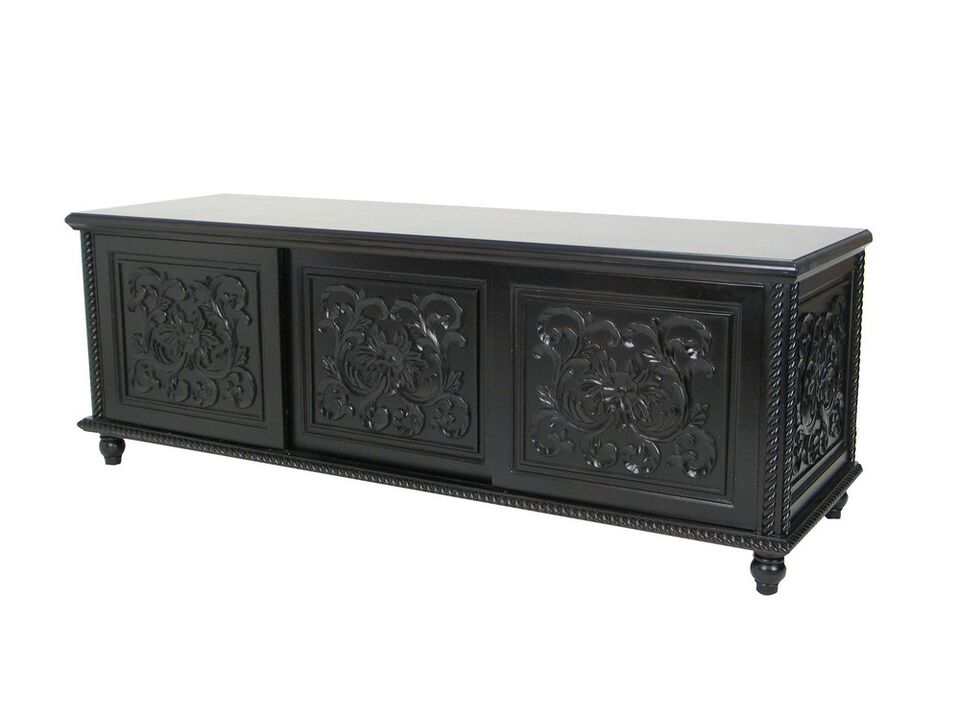 Hand Carved TV Console with Floral Motifs and 3 Sliding Doors, Black - Benzara