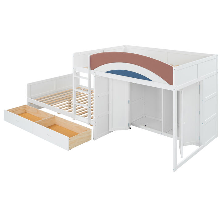 Merax Full Size Offset Bunk Bed with Wardrobe, Drawers & Upholstered Guardrail