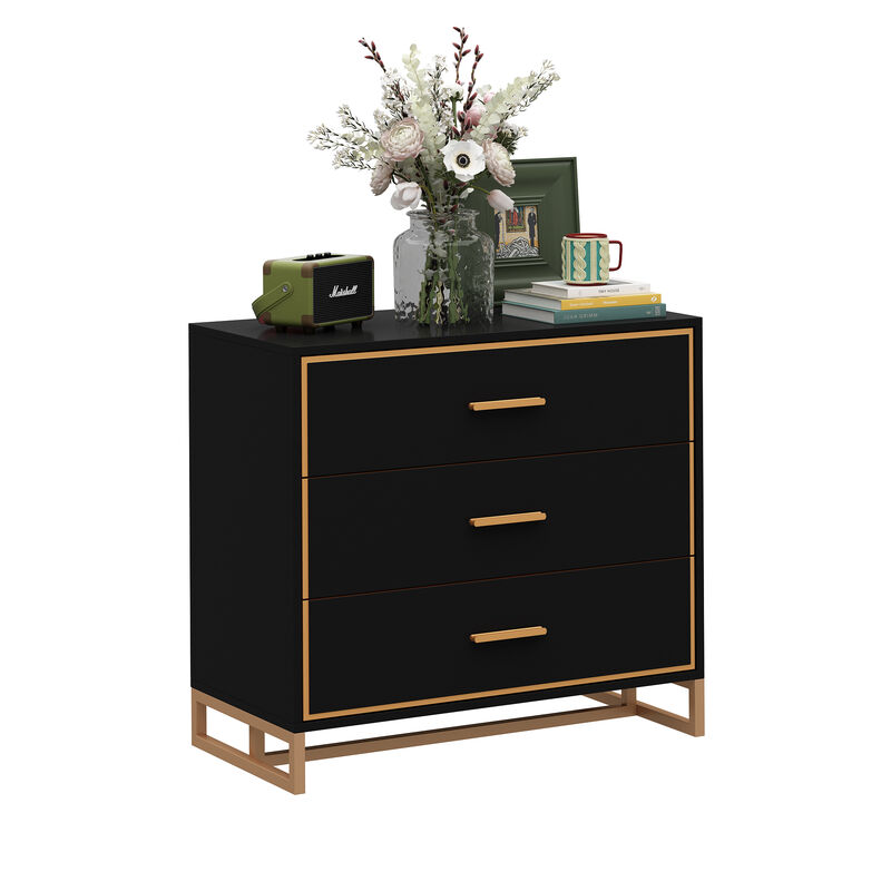 FUFU&GAGA Modern Black 3-Drawer Dresser with Gold Trim, Metal Handles & Base &ndash; Stylish Storage Cabinet for Bedroom(31.5"W x 15.7"D x 28.7"H),Black